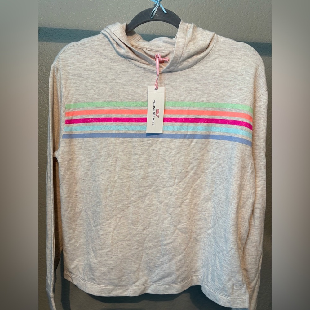 Vineyard Vines Oatmeal Heather Long Sleeve Striped Tee with Hood